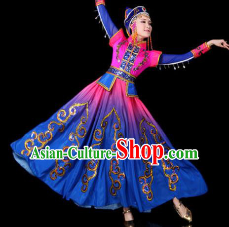 Traditional Chinese Ethnic Dance Blue Dress Mongolian Nationality Stage Performance Costume for Women