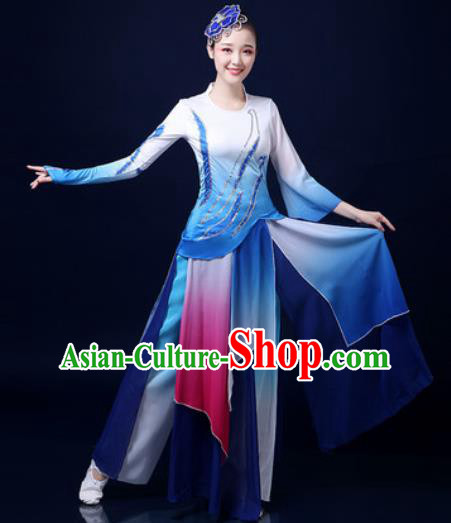 Traditional Chinese Folk Dance Jasmine Flower Blue Clothing Yangko Dance Fan Dance Costume for Women