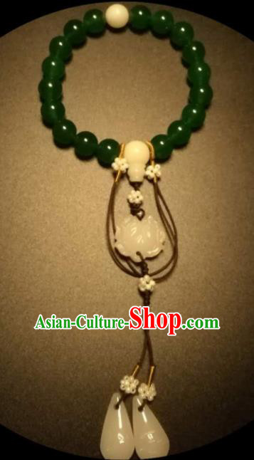 Chinese Traditional Green Agate Beads Bracelet Handmade Hanfu Bangles for Women