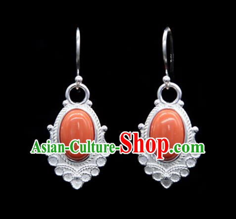 Chinese Traditional Tibetan Ethnic Ear Accessories Zang Nationality Handmade Coral Stone Earrings for Women