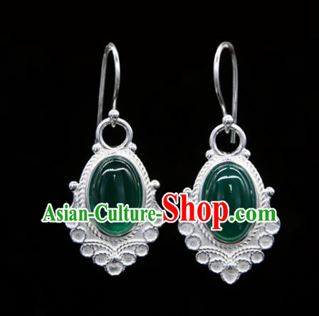 Chinese Traditional Tibetan Ethnic Ear Accessories Zang Nationality Handmade Green Agate Earrings for Women