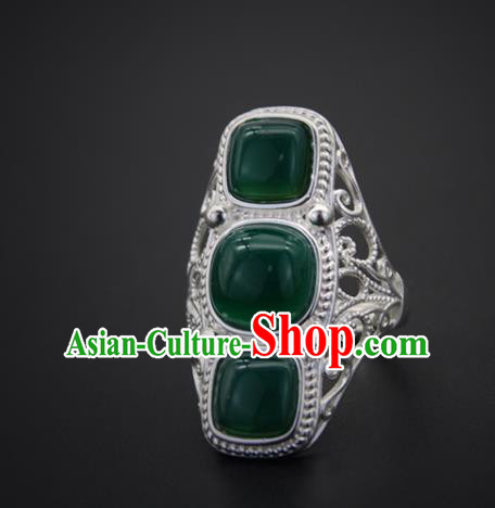 Chinese Traditional Mongolian Ethnic Rings Accessories Handmade Mongol Nationality Green Agate Finger Ring for Women