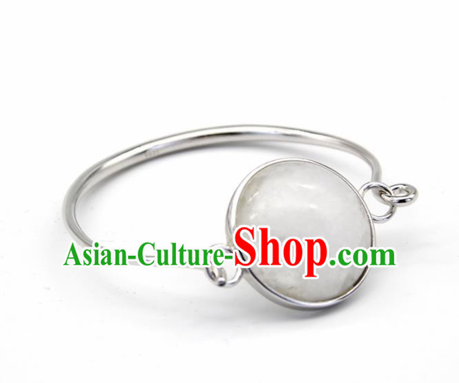 Chinese Traditional Mongolian Ethnic White Chalcedony Bracelet Accessories Handmade Mongol Nationality Bangle for Women
