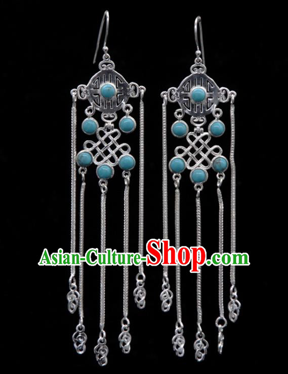 Chinese Traditional Mongolion Ethnic Blue Stone Tassel Ear Accessories Mongol Nationality Handmade Earrings for Women