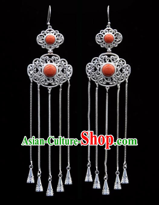 Chinese Traditional Ethnic Ear Accessories Handmade Mongol Nationality Corallite Tassel Earrings for Women