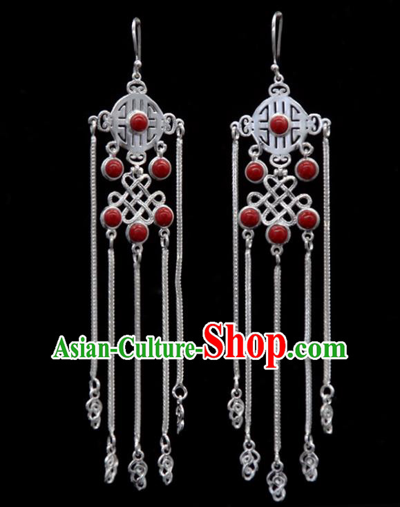 Chinese Traditional Mongolion Ethnic Red Stone Tassel Ear Accessories Mongol Nationality Handmade Earrings for Women