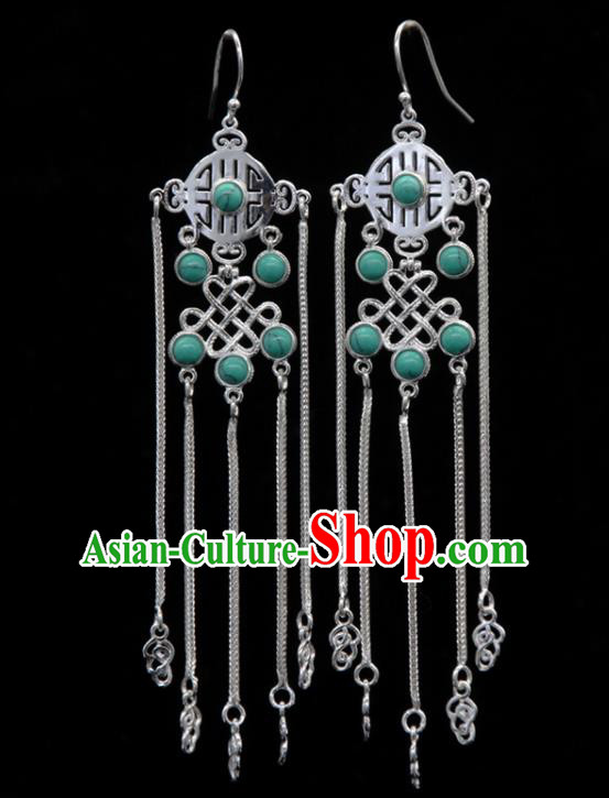 Chinese Traditional Mongolion Ethnic Green Stone Tassel Ear Accessories Mongol Nationality Handmade Earrings for Women