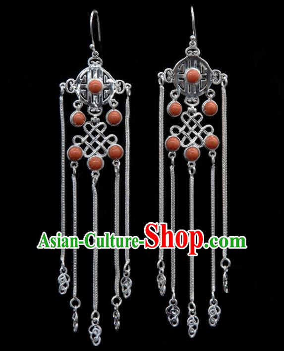 Chinese Traditional Mongolion Ethnic Coral Stone Tassel Ear Accessories Mongol Nationality Handmade Earrings for Women