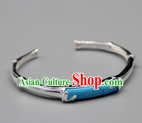 Chinese Traditional Tibetan Ethnic Blue Stone Bracelet Accessories Handmade Zang Nationality Sliver Bangle for Women