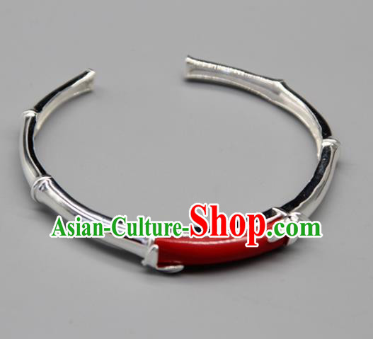 Chinese Traditional Tibetan Ethnic Red Stone Bracelet Accessories Handmade Zang Nationality Sliver Bangle for Women