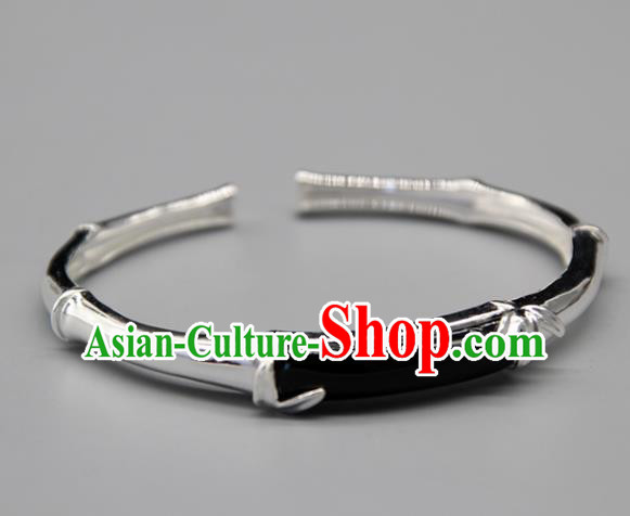 Chinese Traditional Tibetan Ethnic Black Stone Bracelet Accessories Handmade Zang Nationality Sliver Bangle for Women