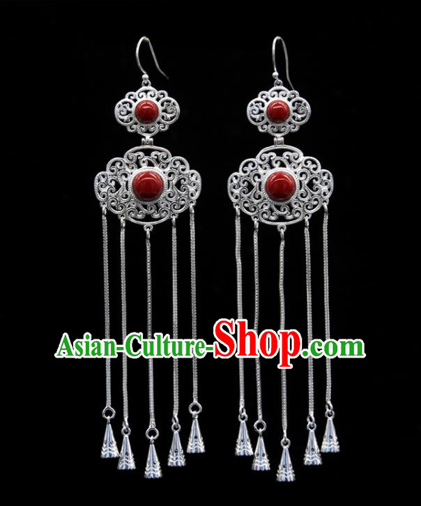 Chinese Traditional Ethnic Ear Accessories Handmade Mongol Nationality Red Stone Tassel Earrings for Women