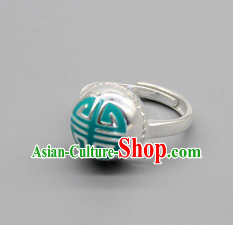 Chinese Traditional Tibetan Ethnic Green Rings Handmade Zang Nationality Sliver Finger Ring for Women