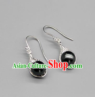 Chinese Traditional Mongolion Ethnic Black Pearl Ear Accessories Mongol Nationality Handmade Earrings for Women