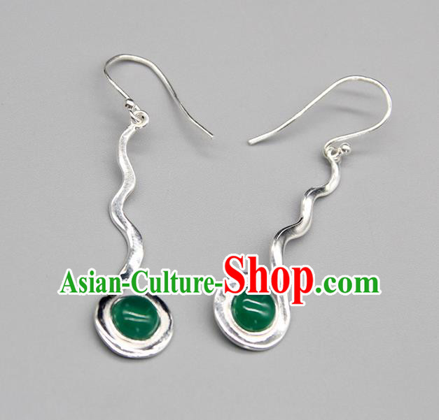 Chinese Traditional Mongolion Ethnic Green Agate Sliver Ear Accessories Mongol Nationality Handmade Earrings for Women