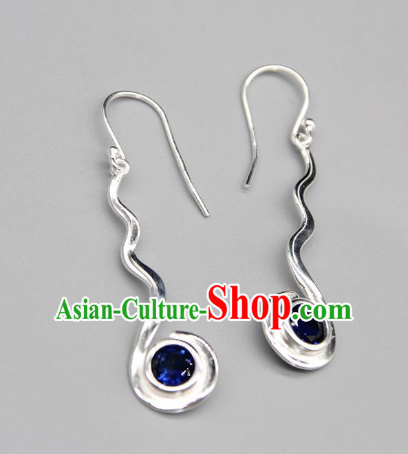 Chinese Traditional Mongolion Ethnic Blue Crystal Sliver Ear Accessories Mongol Nationality Handmade Earrings for Women