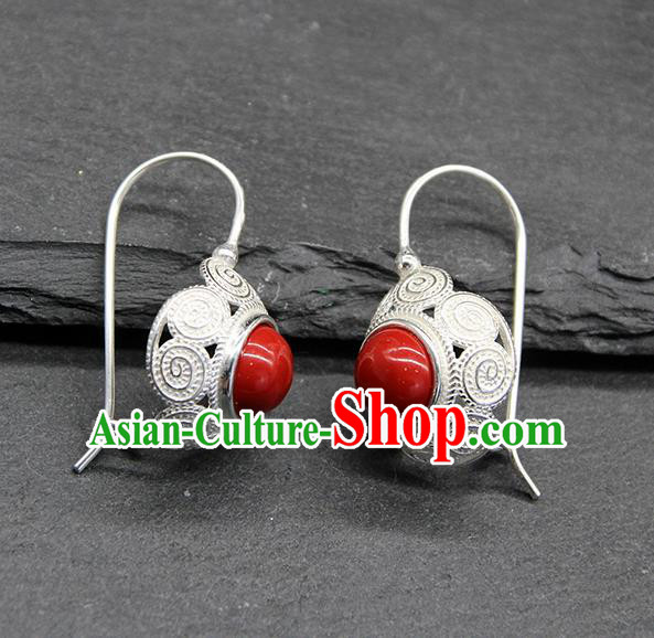 Chinese Traditional Mongolion Ethnic Sliver Carving Ear Accessories Mongol Nationality Red Earrings for Women