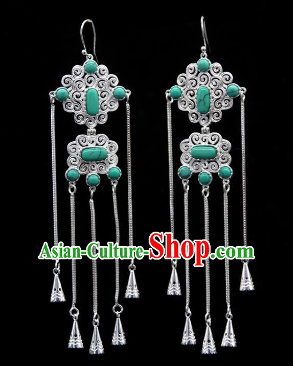 Chinese Traditional Ethnic Wedding Ear Accessories Mongol Nationality Handmade Green Stone Tassel Earrings for Women