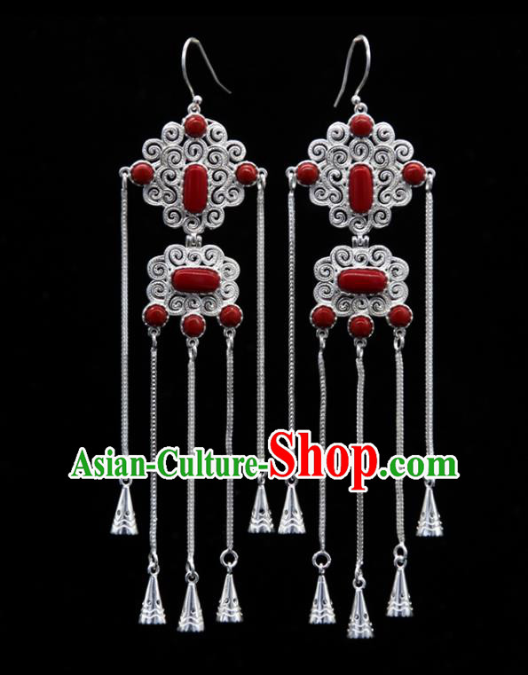 Chinese Traditional Ethnic Wedding Ear Accessories Mongol Nationality Handmade Red Stone Tassel Earrings for Women
