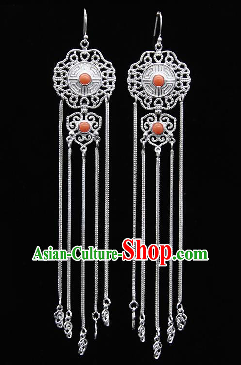 Chinese Traditional Mongolion Ethnic Coral Stone Sliver Tassel Ear Accessories Mongol Nationality Earrings for Women