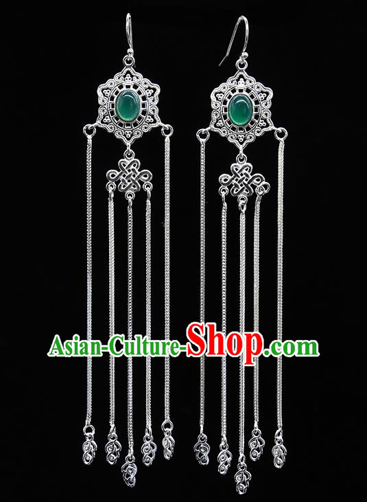 Chinese Traditional Mongolion Ethnic Wedding Sliver Tassel Ear Accessories Mongol Nationality Green Agate Earrings for Women