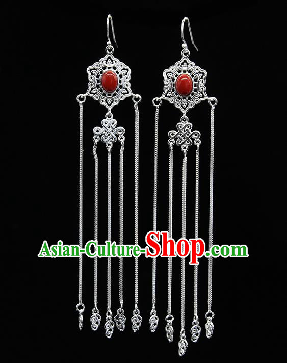 Chinese Traditional Mongolion Ethnic Wedding Sliver Tassel Ear Accessories Mongol Nationality Red Earrings for Women