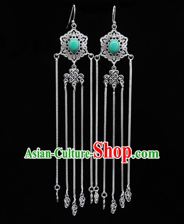 Chinese Traditional Mongolion Ethnic Wedding Sliver Tassel Ear Accessories Mongol Nationality Green Earrings for Women