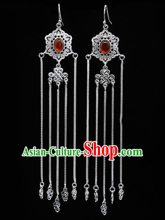 Chinese Traditional Mongolion Ethnic Wedding Sliver Tassel Ear Accessories Mongol Nationality Agate Earrings for Women