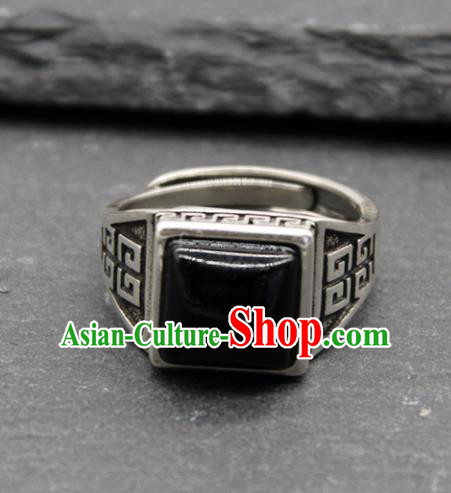 Chinese Traditional Tibetan Ethnic Black Stone Rings Handmade Zang Nationality Sliver Finger Ring for Men