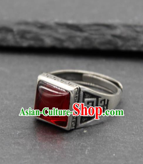 Chinese Traditional Tibetan Ethnic Agate Rings Handmade Zang Nationality Sliver Finger Ring for Men