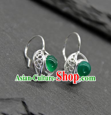 Chinese Traditional Tibetan Ethnic Green Agate Ear Accessories Zang Nationality Earrings for Women