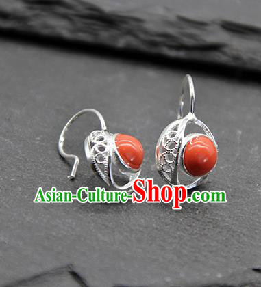 Chinese Traditional Tibetan Ethnic Coral Stone Ear Accessories Zang Nationality Earrings for Women