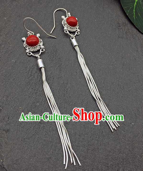 Chinese Traditional Tibetan Ethnic Red Sliver Long Tassel Ear Accessories Zang Nationality Earrings for Women