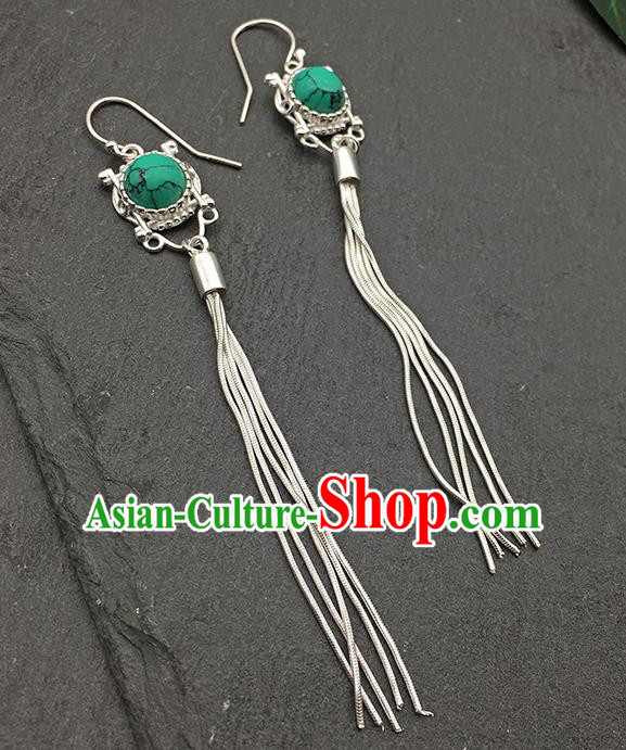 Chinese Traditional Tibetan Ethnic Kallaite Sliver Long Tassel Ear Accessories Zang Nationality Earrings for Women