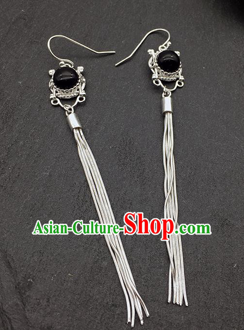 Chinese Traditional Tibetan Ethnic Black Sliver Long Tassel Ear Accessories Zang Nationality Earrings for Women
