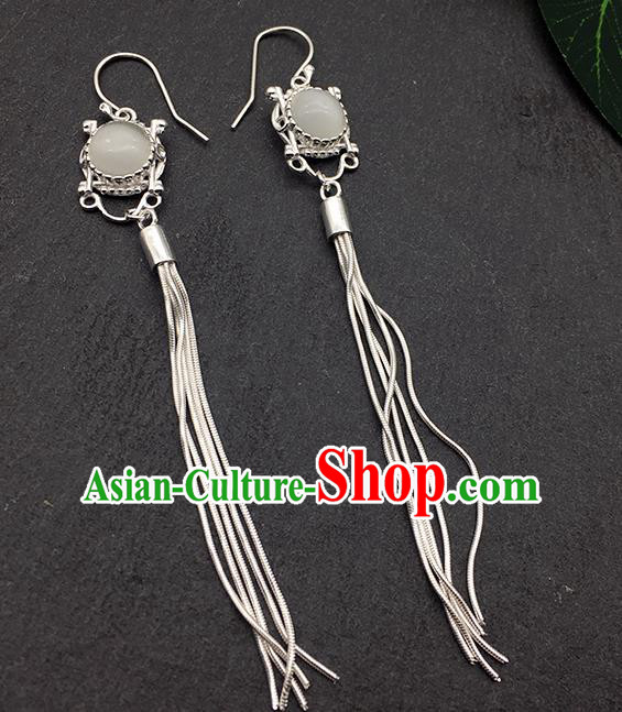 Chinese Traditional Tibetan Ethnic Opal Sliver Long Tassel Ear Accessories Zang Nationality Earrings for Women