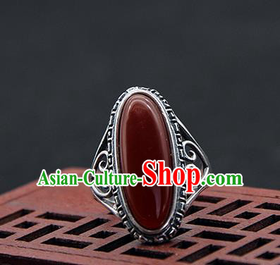 Chinese Traditional Ethnic Agate Rings Handmade Tibetan Nationality Sliver Finger Ring for Women