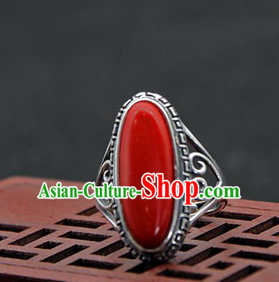 Chinese Traditional Ethnic Red Rings Handmade Tibetan Nationality Sliver Finger Ring for Women