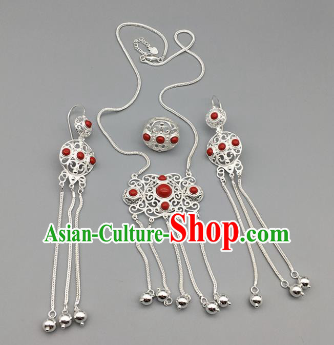 Chinese Traditional Mongolian Ethnic Sliver Accessories Mongol Nationality Red Necklace and Earrings Ring for Women