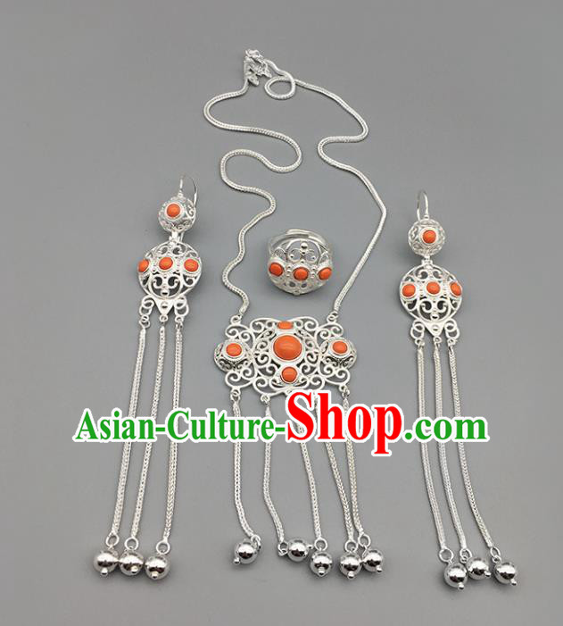 Chinese Traditional Mongolian Ethnic Sliver Accessories Mongol Nationality Coral Stone Necklace and Earrings Ring for Women