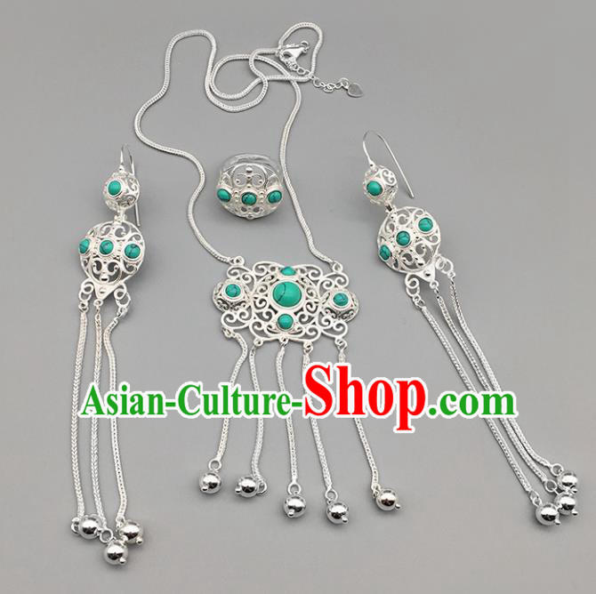 Chinese Traditional Mongolian Ethnic Sliver Accessories Mongol Nationality Kallaite Necklace and Earrings Ring for Women