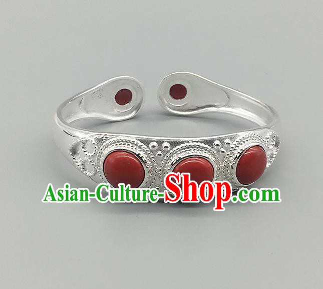 Chinese Traditional Ethnic Red Bracelet Handmade Mongolian Nationality Sliver Bangle for Women