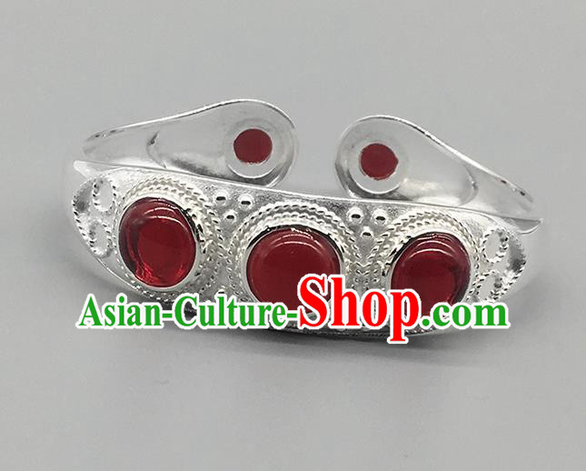 Chinese Traditional Ethnic Agate Bracelet Handmade Mongolian Nationality Sliver Bangle for Women