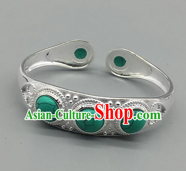 Chinese Traditional Ethnic Green Bracelet Handmade Mongolian Nationality Sliver Bangle for Women