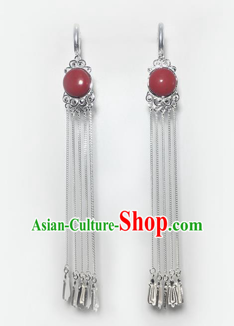 Chinese Traditional Mongolian Ethnic Accessories Mongol Nationality Red Sliver Tassel Earrings for Women