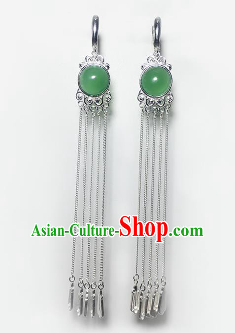 Chinese Traditional Mongolian Ethnic Accessories Mongol Nationality Green Agate Sliver Tassel Earrings for Women