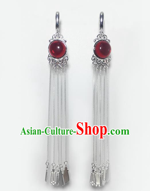 Chinese Traditional Mongolian Ethnic Accessories Mongol Nationality Garnet Sliver Tassel Earrings for Women