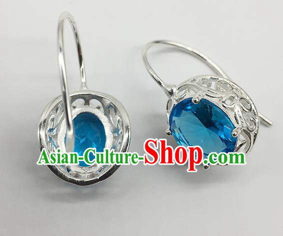 Chinese Traditional Mongolian Ethnic Accessories Mongol Nationality Blue Crystal Earrings for Women