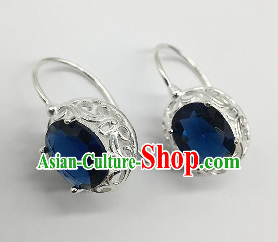 Chinese Traditional Mongolian Ethnic Accessories Mongol Nationality Royalblue Crystal Earrings for Women