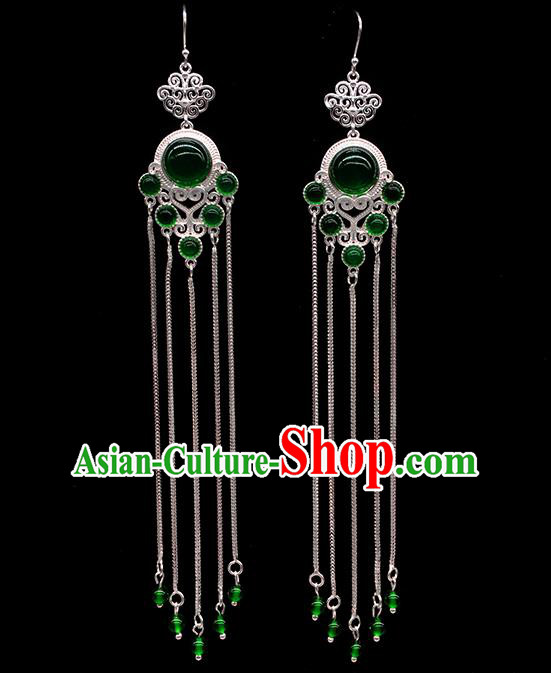 Chinese Traditional Mongolian Ethnic Sliver Accessories Mongol Nationality Green Agate Earrings for Women